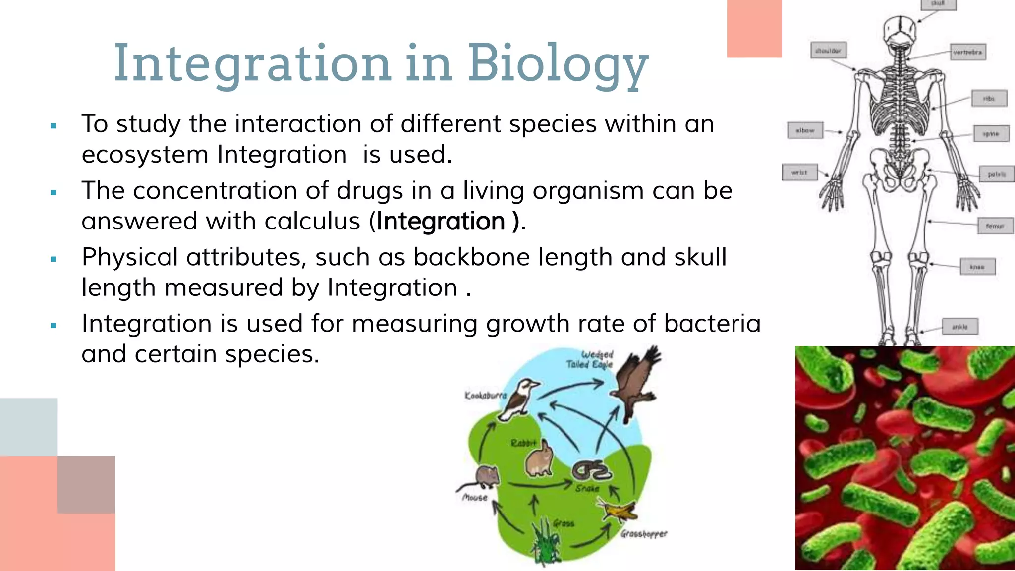  To study the interaction of different species within an
ecosystem Integration is used.
 The concentration of drugs in a living organism can be
answered with calculus (Integration ).
 Physical attributes, such as backbone length and skull
length measured by Integration .
 Integration is used for measuring growth rate of bacteria
and certain species.
Integration in Biology
 