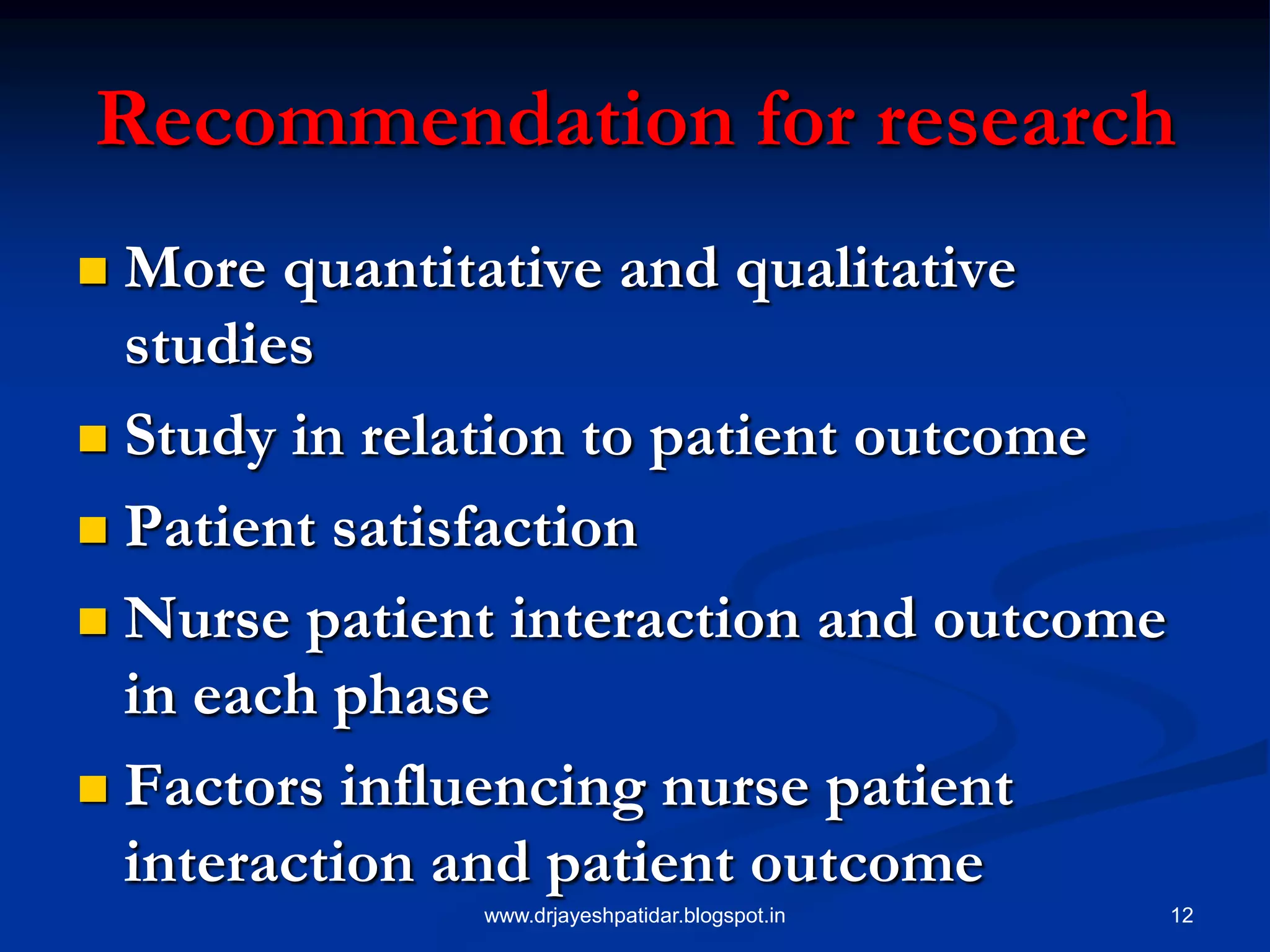 12
Recommendation for research
 More quantitative and qualitative
studies
 Study in relation to patient outcome
 Patient satisfaction
 Nurse patient interaction and outcome
in each phase
 Factors influencing nurse patient
interaction and patient outcome
www.drjayeshpatidar.blogspot.in
 