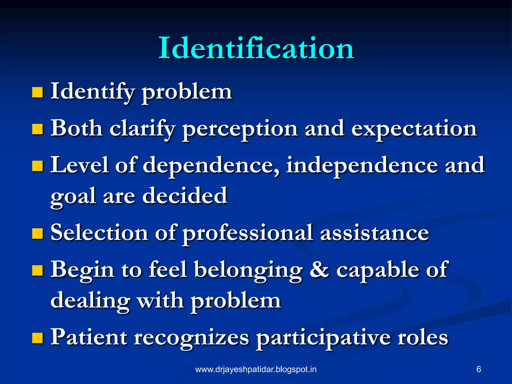 6
Identification
 Identify problem
 Both clarify perception and expectation
 Level of dependence, independence and
goal are decided
 Selection of professional assistance
 Begin to feel belonging & capable of
dealing with problem
 Patient recognizes participative roles
www.drjayeshpatidar.blogspot.in
 