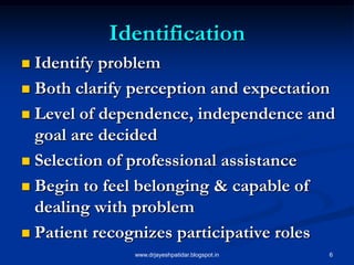6
Identification
 Identify problem
 Both clarify perception and expectation
 Level of dependence, independence and
goal are decided
 Selection of professional assistance
 Begin to feel belonging & capable of
dealing with problem
 Patient recognizes participative roles
www.drjayeshpatidar.blogspot.in
 