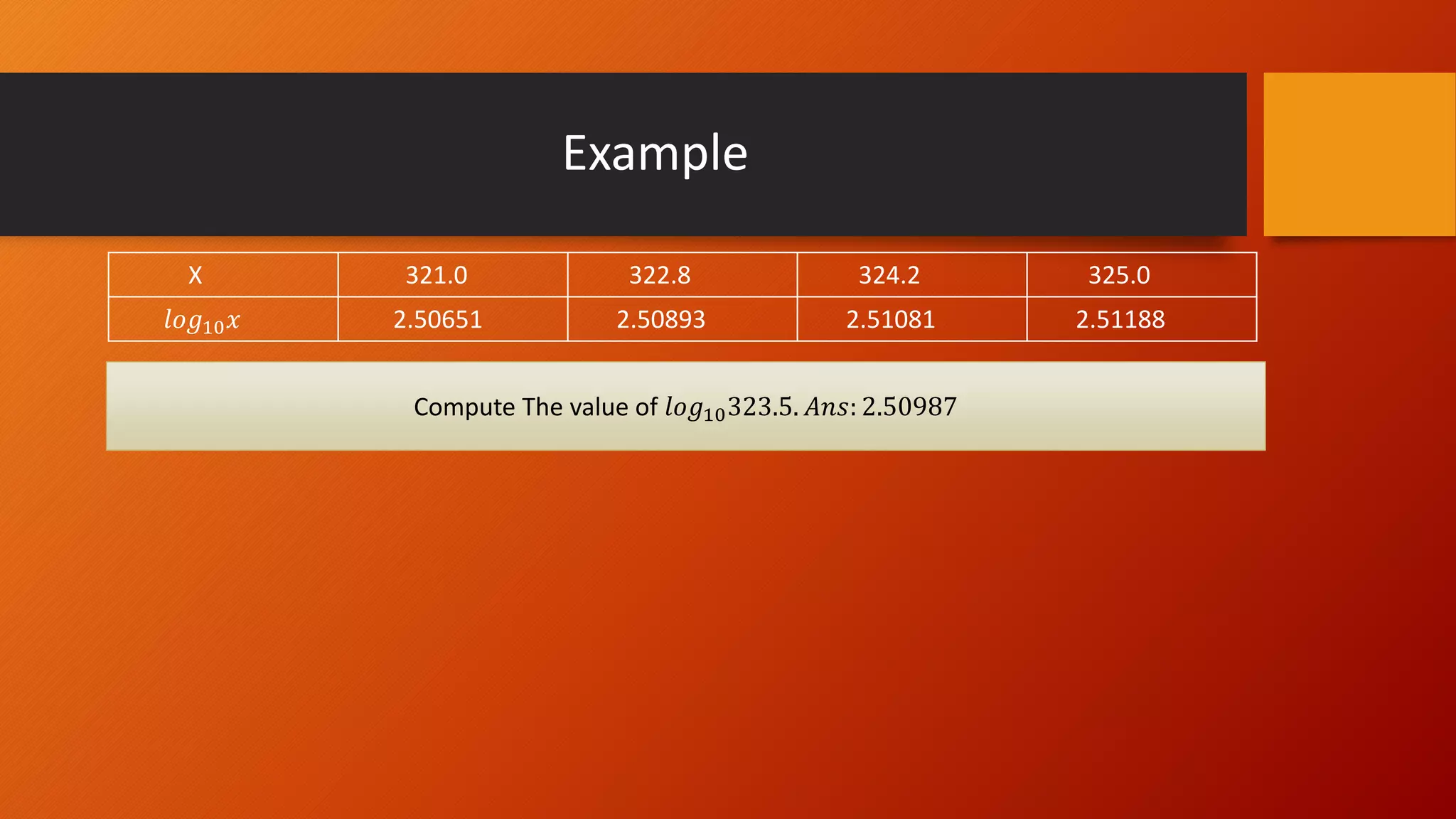 Example
X 321.0 322.8 324.2 325.0
𝑙𝑜𝑔10 𝑥 2.50651 2.50893 2.51081 2.51188
Compute The value of 𝑙𝑜𝑔10323.5. 𝐴𝑛𝑠: 2.50987
 