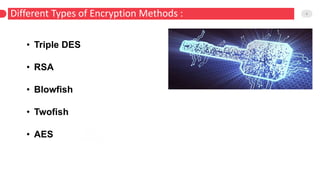 Different Types of Encryption Methods : 8
Harmonics
• Triple DES
• RSA
• Blowfish
• Twofish
• AES
 