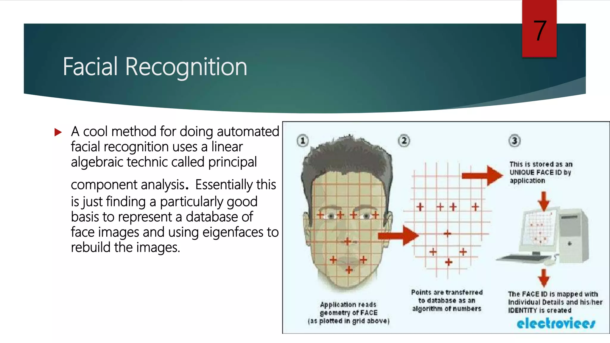Facial Recognition
 A cool method for doing automated
facial recognition uses a linear
algebraic technic called principal
component analysis. Essentially this
is just finding a particularly good
basis to represent a database of
face images and using eigenfaces to
rebuild the images.
7
 