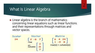  Linear algebra is the branch of mathematics
concerning linear equations such as linear functions
and their representations through matrices and
vector spaces.
What Is Linear Algebra
2
 