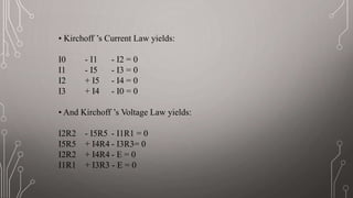 • Kirchoff ’s Current Law yields:
I0 - I1 - I2 = 0
I1 - I5 - I3 = 0
I2 + I5 - I4 = 0
I3 + I4 - I0 = 0
• And Kirchoff ’s Vo...