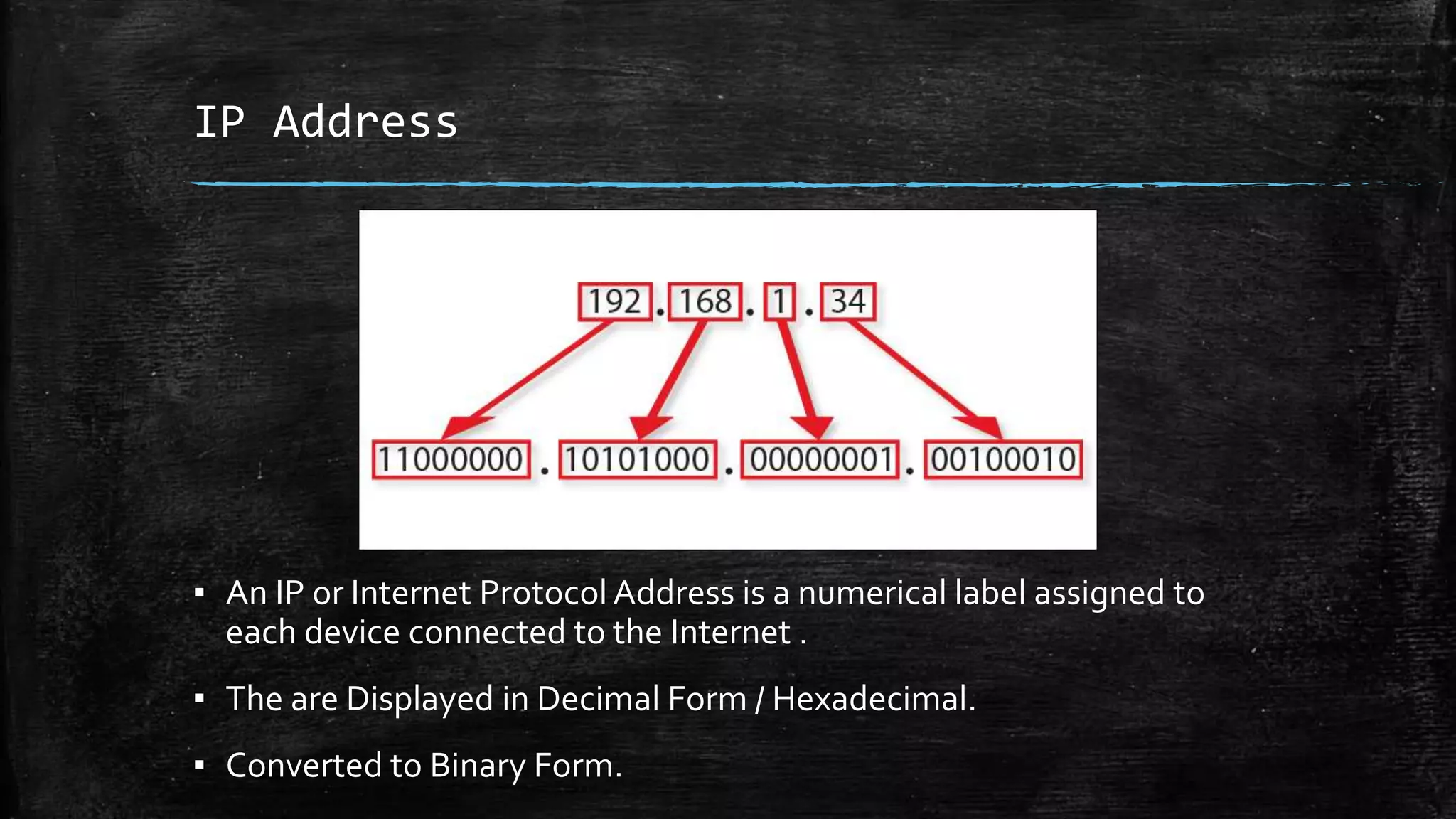 IP Address
▪ An IP or Internet ProtocolAddress is a numerical label assigned to
each device connected to the Internet .
▪ The are Displayed in Decimal Form / Hexadecimal.
▪ Converted to Binary Form.
 