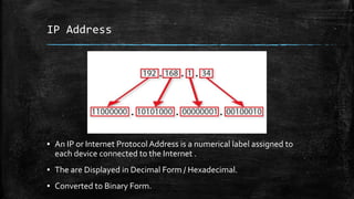 IP Address
▪ An IP or Internet ProtocolAddress is a numerical label assigned to
each device connected to the Internet .
▪ The are Displayed in Decimal Form / Hexadecimal.
▪ Converted to Binary Form.
 