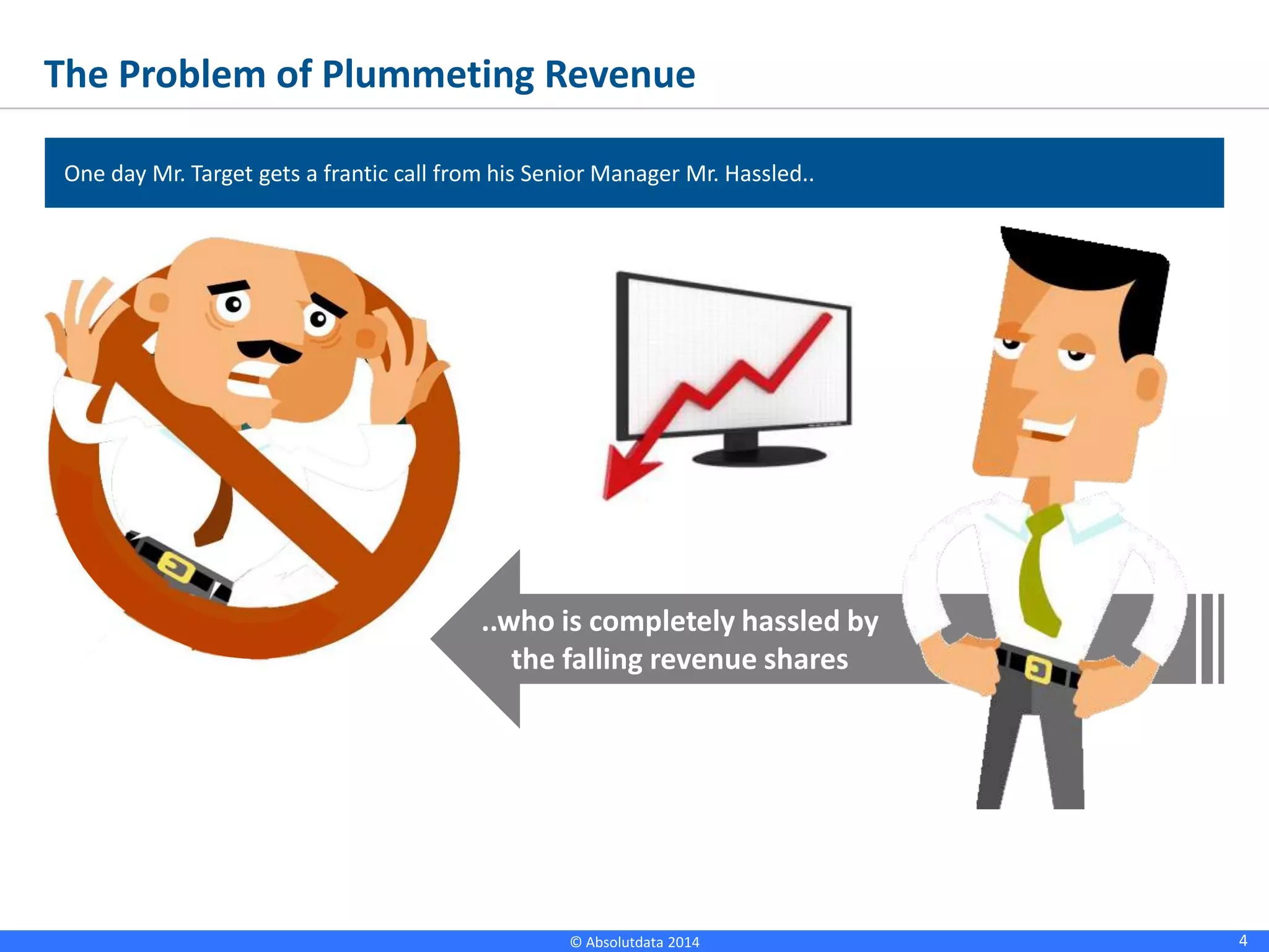4© Absolutdata 2014 Proprietary and Confidential
The Problem of Plummeting Revenue
One day Mr. Target gets a frantic call from his Senior Manager Mr. Hassled..
..who is completely hassled by
the falling revenue shares
 