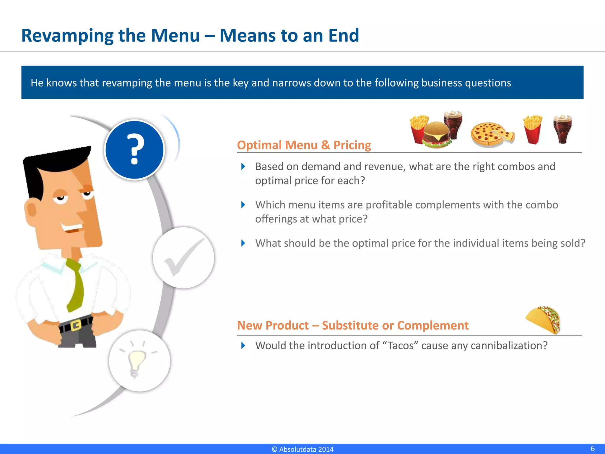 6© Absolutdata 2014 Proprietary and Confidential
Revamping the Menu – Means to an End
He knows that revamping the menu is the key and narrows down to the following business questions
 Based on demand and revenue, what are the right combos and
optimal price for each?
 Which menu items are profitable complements with the combo
offerings at what price?
 What should be the optimal price for the individual items being sold?
Optimal Menu & Pricing
New Product – Substitute or Complement
 Would the introduction of “Tacos” cause any cannibalization?
?

 