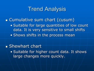 Trend Analysis
 Cumulative sum chart (cusum)
• Suitable for large quantities of low count
data. It is very sensitive to small shifts
• Shows shifts in the process mean
 Shewhart chart
• Suitable for higher count data. It shows
large changes more quickly.
 