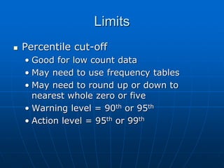 Limits
 Percentile cut-off
• Good for low count data
• May need to use frequency tables
• May need to round up or down to
nearest whole zero or five
• Warning level = 90th or 95th
• Action level = 95th or 99th
 