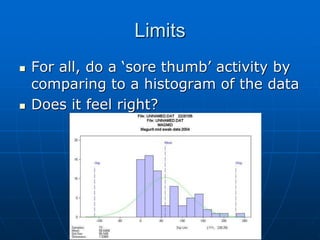 Limits
 For all, do a ‘sore thumb’ activity by
comparing to a histogram of the data
 Does it feel right?
 