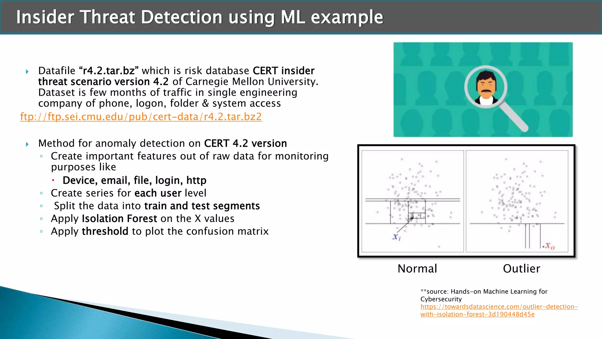 Insider Threat Detection using ML example
 Datafile “r4.2.tar.bz” which is risk database CERT insider
threat scenario version 4.2 of Carnegie Mellon University.
Dataset is few months of traffic in single engineering
company of phone, logon, folder & system access
ftp://ftp.sei.cmu.edu/pub/cert-data/r4.2.tar.bz2
 Method for anomaly detection on CERT 4.2 version
◦ Create important features out of raw data for monitoring
purposes like
 Device, email, file, login, http
◦ Create series for each user level
◦ Split the data into train and test segments
◦ Apply Isolation Forest on the X values
◦ Apply threshold to plot the confusion matrix
**source: Hands-on Machine Learning for
Cybersecurity
https://towardsdatascience.com/outlier-detection-
with-isolation-forest-3d190448d45e
Normal Outlier
 