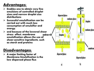 Advantages:
 Enables one to obtain very fine
emulsions of controlled droplet
sizes and narrow droplet size
distributions
 Successful emulsification can be
carried out with much less
consumption of emulsifier and
energy,
 and because of the lowered shear
stress effect, membrane
emulsification allows the use of
shear-sensitive ingredients, such
as starch and proteins
Disadvantages:
 A major limiting factor of
Membrane Emulsification is the
low dispersed phase flux
 