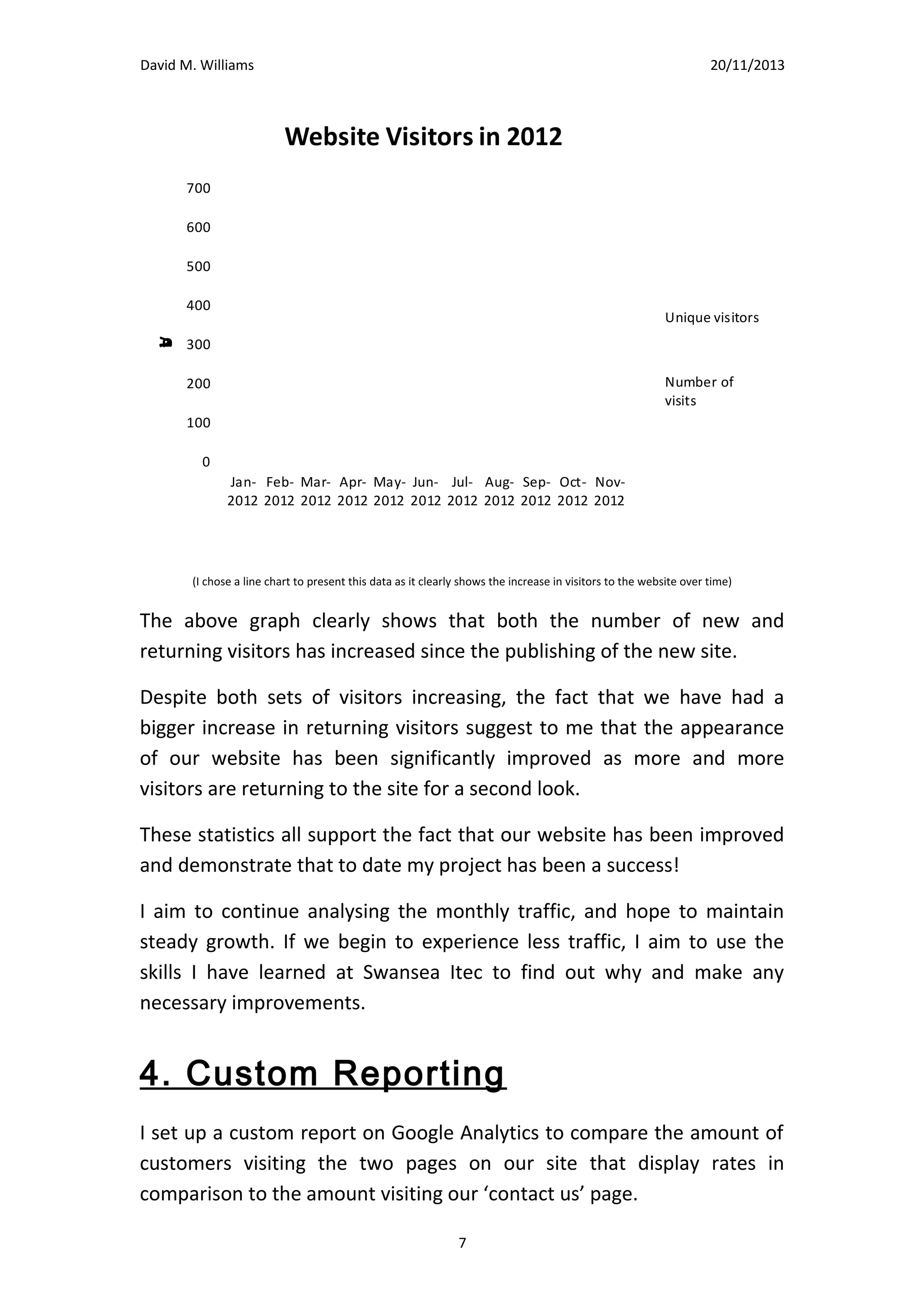 David M. Williams

15/10/13

visitors in August. The only logical explanation for this is that the website
was hugely improved during my project.
As a result, I expect to see continued increase in visitors as we enter the
winter period, peaking between December and February.

Website Visitors in 2012
700
600

Visitors

500
400
Unique visitors
300

200

Number of visits

100
0

(I chose a line chart to present this data as it clearly shows the increase in visitors to the website over time)

Jan2012

Feb2012

Mar2012

Apr2012

May2012

Jun2012

Jul2012

Aug2012

Sep2012

Oct2012

Nov2012

The above graph clearly shows that both the number of new and
returning visitors has increased since the publishing of the new site.
Despite both sets of visitors increasing, the fact that we have had a
bigger increase in returning visitors suggest to me that the appearance
of our website has been significantly improved as more and more
visitors are returning to the site for a second look.
These statistics all support the fact that our website has been improved
and demonstrate that to date my project has been a success!
I aim to continue analysing the monthly traffic, and hope to maintain
steady growth. If we begin to experience less traffic, I aim to use the
skills I have learned at Swansea Itec to find out why and make any
necessary improvements.
7

 