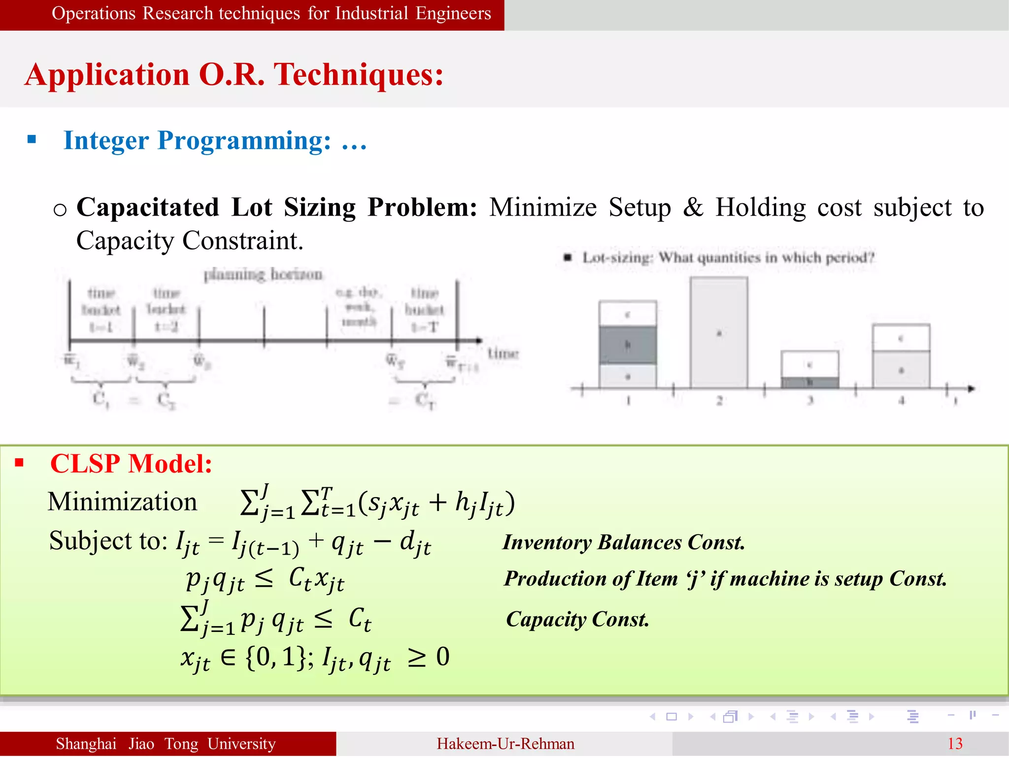 Operations Research techniques for Industrial Engineers
Application O.R. Techniques:
Shanghai Jiao Tong University Hakeem-Ur-Rehman 13
 Integer Programming: …
o Capacitated Lot Sizing Problem: Minimize Setup & Holding cost subject to
Capacity Constraint.
 CLSP Model:
Minimization 𝑗=1
𝐽
𝑡=1
𝑇
(𝑠𝑗 𝑥𝑗𝑡 + ℎ𝑗 𝐼𝑗𝑡
Subject to: 𝐼𝑗𝑡 = 𝐼𝑗(𝑡−1 + 𝑞 𝑗𝑡 − 𝑑𝑗𝑡 Inventory Balances Const.
𝑝𝑗 𝑞 𝑗𝑡 ≤ 𝐶𝑡 𝑥𝑗𝑡 Production of Item ‘j’ if machine is setup Const.
𝑗=1
𝐽
𝑝𝑗 𝑞 𝑗𝑡 ≤ 𝐶𝑡 Capacity Const.
𝑥𝑗𝑡 ∈ {0, 1}; 𝐼𝑗𝑡, 𝑞 𝑗𝑡 ≥ 0
 
