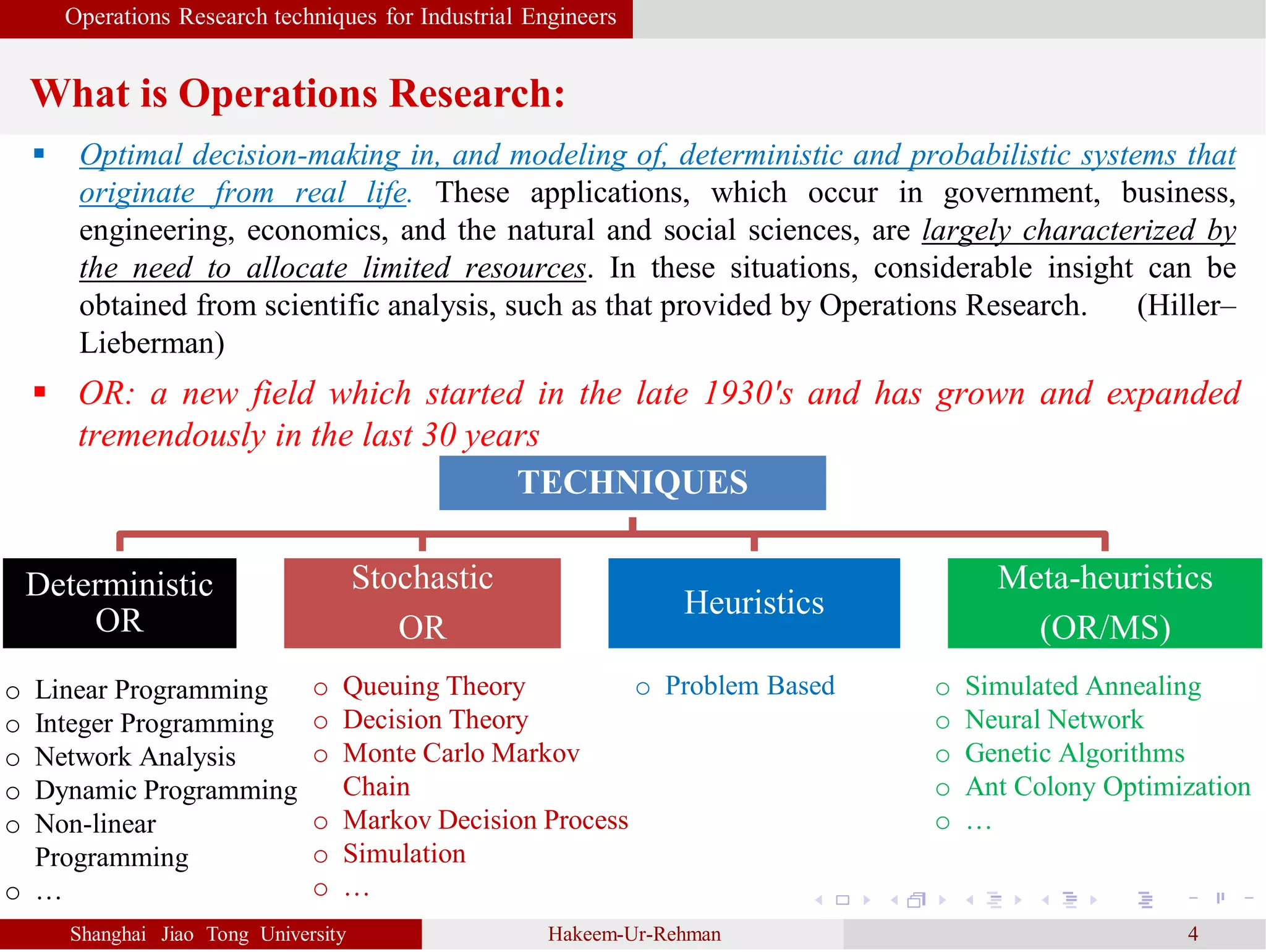 Operations Research techniques for Industrial Engineers
What is Operations Research:
Shanghai Jiao Tong University Hakeem-Ur-Rehman 4
 Optimal decision-making in, and modeling of, deterministic and probabilistic systems that
originate from real life. These applications, which occur in government, business,
engineering, economics, and the natural and social sciences, are largely characterized by
the need to allocate limited resources. In these situations, considerable insight can be
obtained from scientific analysis, such as that provided by Operations Research. (Hiller–
Lieberman)
TECHNIQUES
Deterministic
OR
Stochastic
OR
Heuristics
Meta-heuristics
(OR/MS)
o Linear Programming
o Integer Programming
o Network Analysis
o Dynamic Programming
o Non-linear
Programming
o …
o Queuing Theory
o Decision Theory
o Monte Carlo Markov
Chain
o Markov Decision Process
o Simulation
o …
o Problem Based o Simulated Annealing
o Neural Network
o Genetic Algorithms
o Ant Colony Optimization
o …
 OR: a new field which started in the late 1930's and has grown and expanded
tremendously in the last 30 years
 