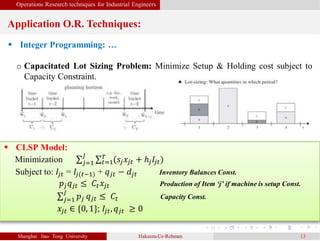 Operations Research techniques for Industrial Engineers
Application O.R. Techniques:
Shanghai Jiao Tong University Hakeem-Ur-Rehman 13
 Integer Programming: …
o Capacitated Lot Sizing Problem: Minimize Setup & Holding cost subject to
Capacity Constraint.
 CLSP Model:
Minimization 𝑗=1
𝐽
𝑡=1
𝑇
(𝑠𝑗 𝑥𝑗𝑡 + ℎ𝑗 𝐼𝑗𝑡
Subject to: 𝐼𝑗𝑡 = 𝐼𝑗(𝑡−1 + 𝑞 𝑗𝑡 − 𝑑𝑗𝑡 Inventory Balances Const.
𝑝𝑗 𝑞 𝑗𝑡 ≤ 𝐶𝑡 𝑥𝑗𝑡 Production of Item ‘j’ if machine is setup Const.
𝑗=1
𝐽
𝑝𝑗 𝑞 𝑗𝑡 ≤ 𝐶𝑡 Capacity Const.
𝑥𝑗𝑡 ∈ {0, 1}; 𝐼𝑗𝑡, 𝑞 𝑗𝑡 ≥ 0
 