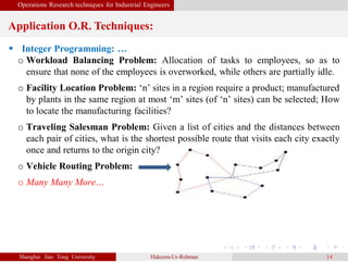 Operations Research techniques for Industrial Engineers
Application O.R. Techniques:
Shanghai Jiao Tong University Hakeem-Ur-Rehman 14
 Integer Programming: …
o Workload Balancing Problem: Allocation of tasks to employees, so as to
ensure that none of the employees is overworked, while others are partially idle.
o Facility Location Problem: ‘n’ sites in a region require a product; manufactured
by plants in the same region at most ‘m’ sites (of ‘n’ sites) can be selected; How
to locate the manufacturing facilities?
o Traveling Salesman Problem: Given a list of cities and the distances between
each pair of cities, what is the shortest possible route that visits each city exactly
once and returns to the origin city?
o Vehicle Routing Problem:
o Many Many More…
 
