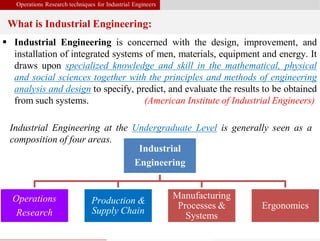 Operations Research techniques for Industrial Engineers
What is Industrial Engineering:
Shanghai Jiao Tong University Hakeem-Ur-Rehman 2
 Industrial Engineering is concerned with the design, improvement, and
installation of integrated systems of men, materials, equipment and energy. It
draws upon specialized knowledge and skill in the mathematical, physical
and social sciences together with the principles and methods of engineering
analysis and design to specify, predict, and evaluate the results to be obtained
from such systems. (American Institute of Industrial Engineers)
Industrial
Engineering
Operations
Research
Production &
Supply Chain
Manufacturing
Processes &
Systems
Ergonomics
Industrial Engineering at the Undergraduate Level is generally seen as a
composition of four areas.
 