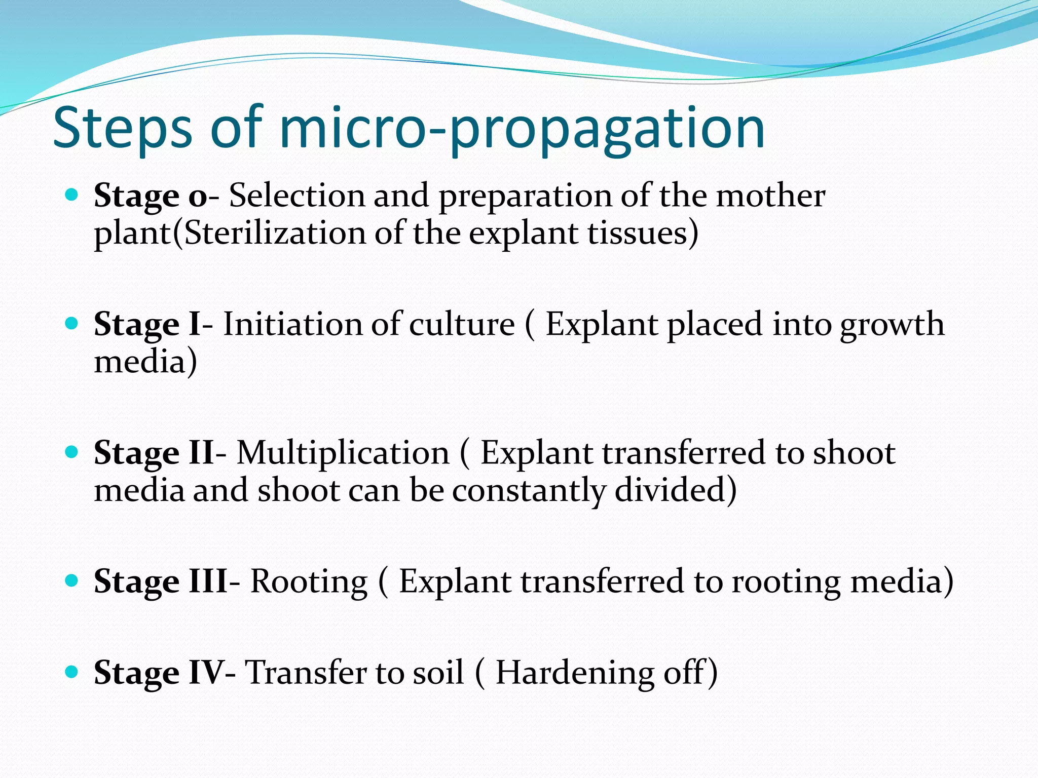 Steps of micro-propagation
 Stage 0- Selection and preparation of the mother
plant(Sterilization of the explant tissues)
 Stage I- Initiation of culture ( Explant placed into growth
media)
 Stage II- Multiplication ( Explant transferred to shoot
media and shoot can be constantly divided)
 Stage III- Rooting ( Explant transferred to rooting media)
 Stage IV- Transfer to soil ( Hardening off)
 