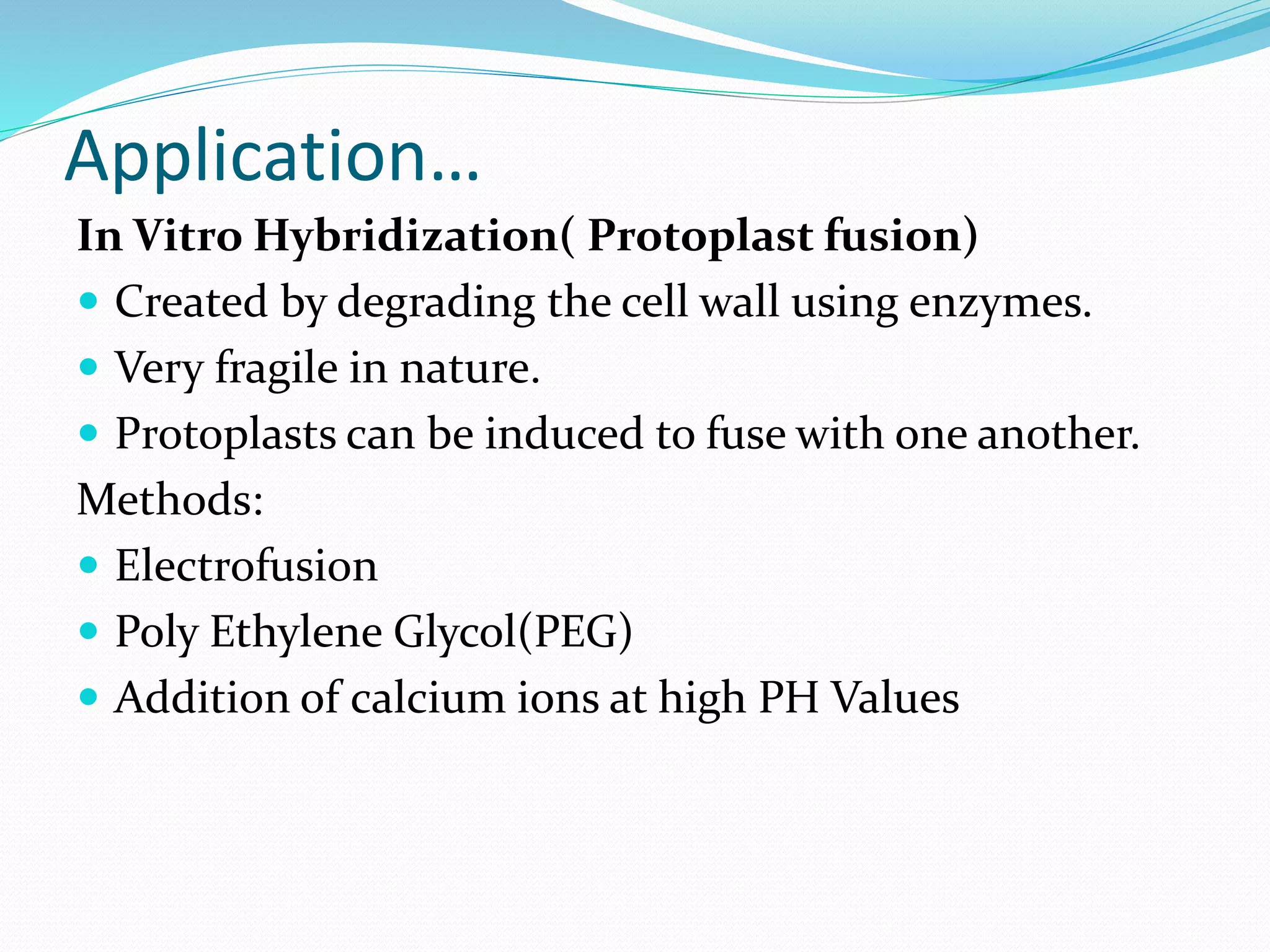 Application…
In Vitro Hybridization( Protoplast fusion)
 Created by degrading the cell wall using enzymes.
 Very fragile in nature.
 Protoplasts can be induced to fuse with one another.
Methods:
 Electrofusion
 Poly Ethylene Glycol(PEG)
 Addition of calcium ions at high PH Values
 