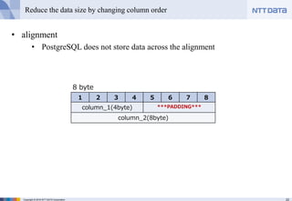 22Copyright © 2016 NTT DATA Corporation
Reduce the data size by changing column order
• alignment
• PostgreSQL does not store data across the alignment
1 2 3 4 5 6 7 8
column_1(4byte) ***PADDING***
column_2(8byte)
8 byte
 