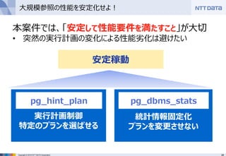 28Copyright © 2016 NTT DATA Corporation
大規模参照の性能を安定化せよ！
本案件では、「安定して性能要件を満たすこと」が大切
• 突然の実行計画の変化による性能劣化は避けたい
実行計画制御
特定のプランを選ばせる
pg_hint_plan
統計情報固定化
プランを変更させない
pg_dbms_stats
安定稼動
 