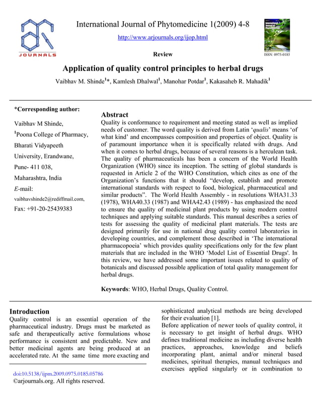 Application of quality control principles to herbal drugs PDF