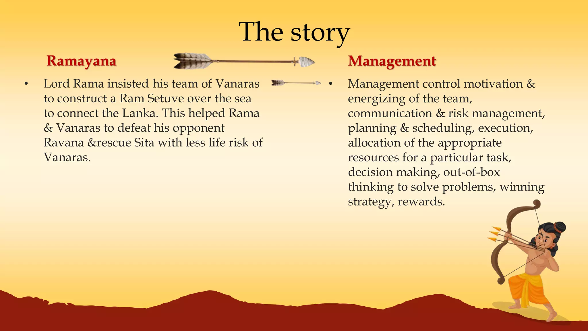 The story
• Lord Rama insisted his team of Vanaras
to construct a Ram Setuve over the sea
to connect the Lanka. This helped Rama
& Vanaras to defeat his opponent
Ravana &rescue Sita with less life risk of
Vanaras.
Ramayana Management
• Management control motivation &
energizing of the team,
communication & risk management,
planning & scheduling, execution,
allocation of the appropriate
resources for a particular task,
decision making, out-of-box
thinking to solve problems, winning
strategy, rewards.
 