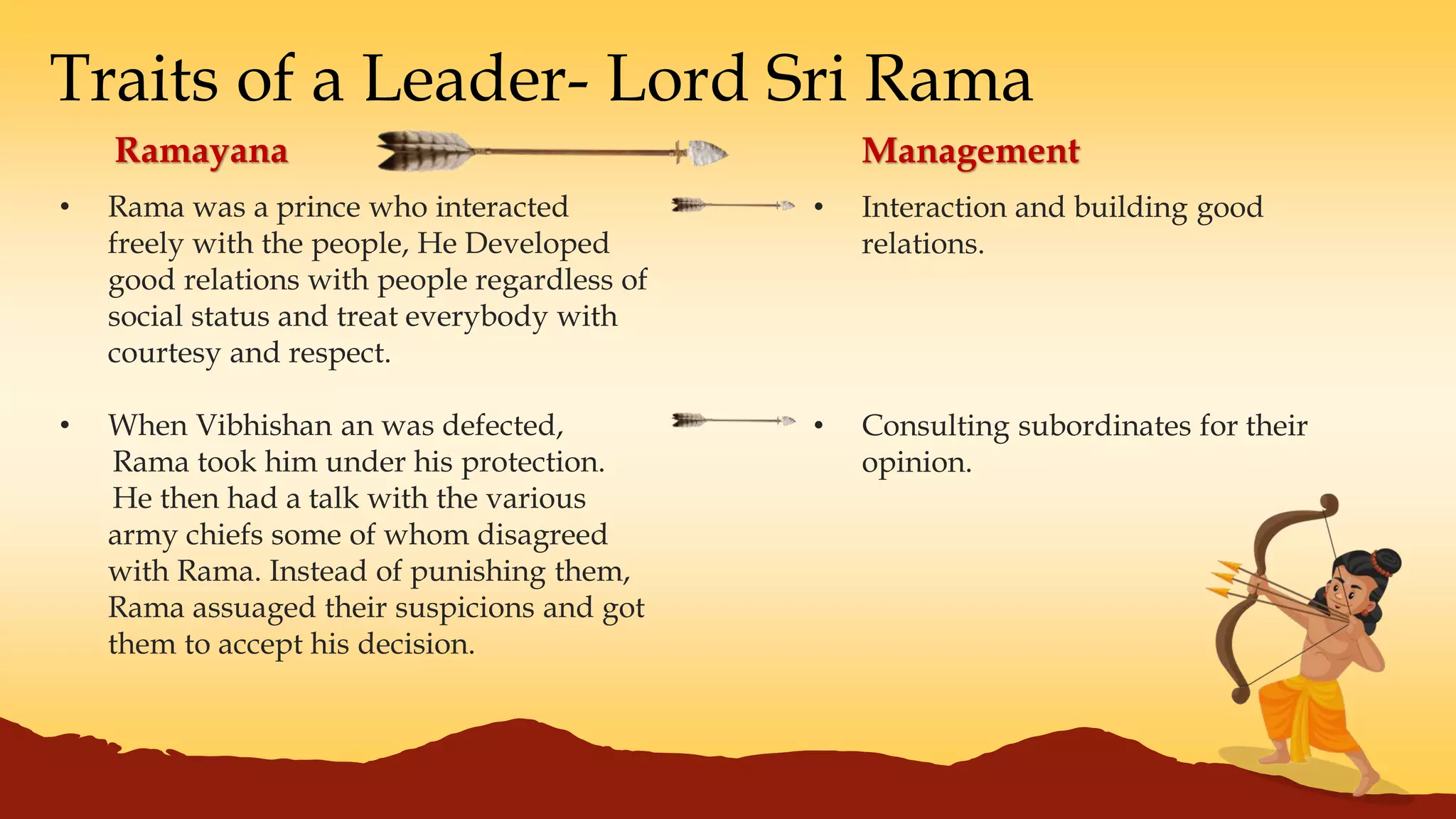 Traits of a Leader- Lord Sri Rama
• Rama was a prince who interacted
freely with the people, He Developed
good relations with people regardless of
social status and treat everybody with
courtesy and respect.
• When Vibhishan an was defected,
Rama took him under his protection.
He then had a talk with the various
army chiefs some of whom disagreed
with Rama. Instead of punishing them,
Rama assuaged their suspicions and got
them to accept his decision.
Ramayana Management
• Interaction and building good
relations.
• Consulting subordinates for their
opinion.
 