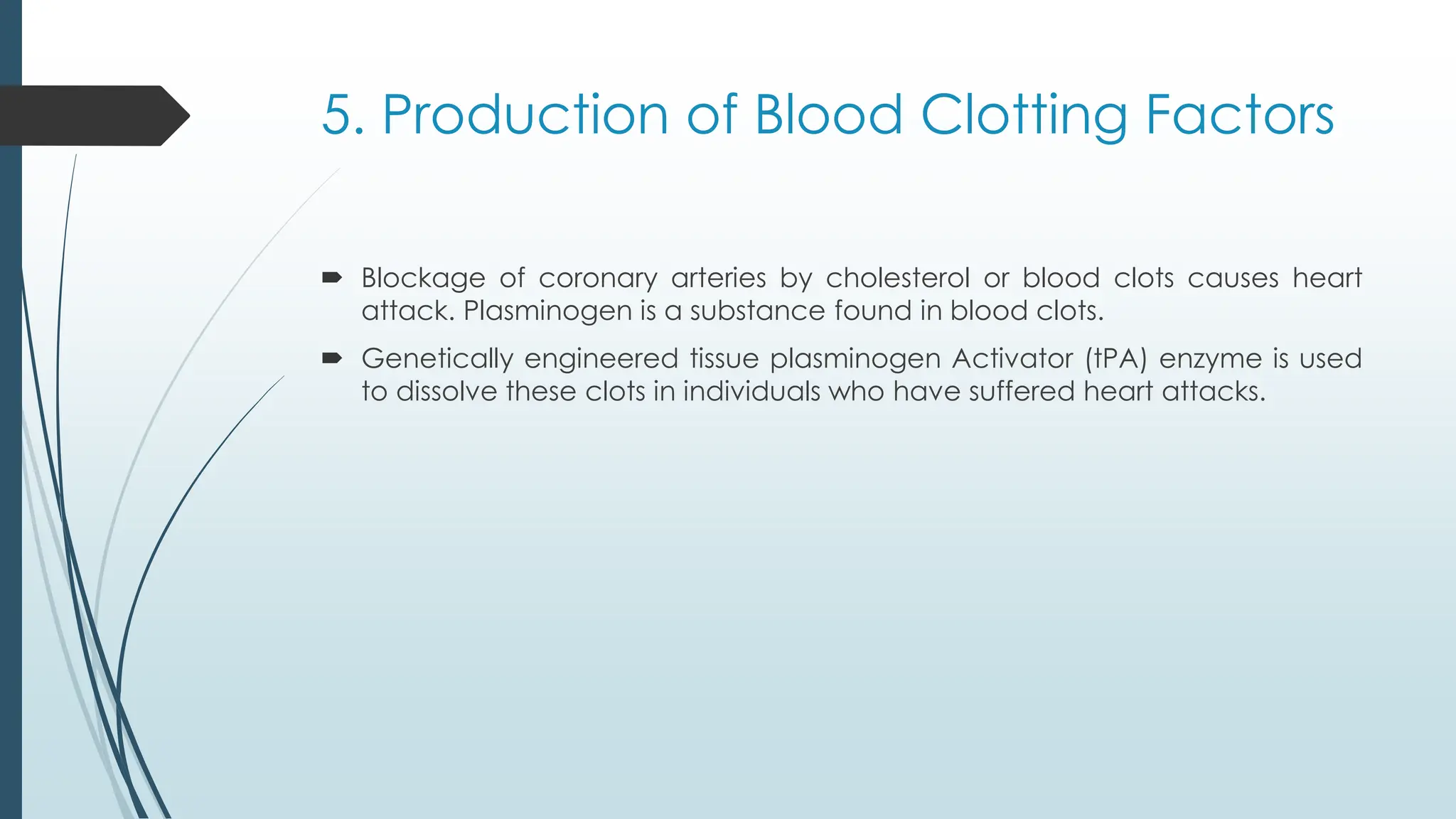 5. Production of Blood Clotting Factors
 Blockage of coronary arteries by cholesterol or blood clots causes heart
attack. Plasminogen is a substance found in blood clots.
 Genetically engineered tissue plasminogen Activator (tPA) enzyme is used
to dissolve these clots in individuals who have suffered heart attacks.
 