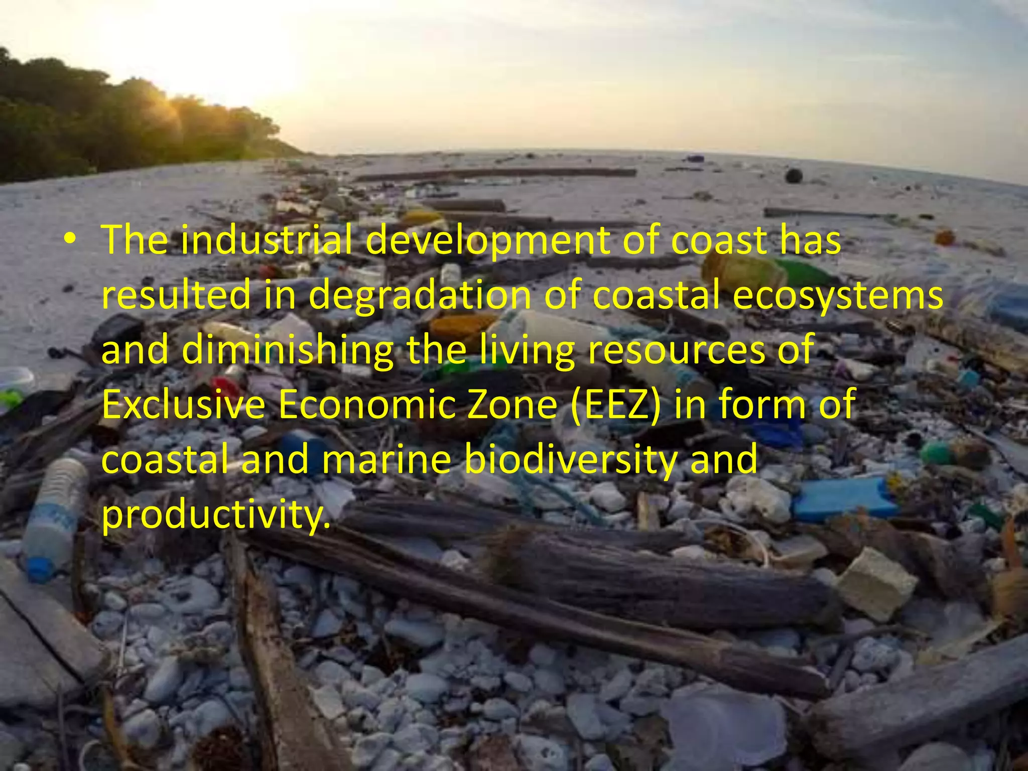 • The industrial development of coast has
resulted in degradation of coastal ecosystems
and diminishing the living resources of
Exclusive Economic Zone (EEZ) in form of
coastal and marine biodiversity and
productivity.
 