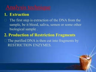 Analysis technique
1. Extraction
The first step is extraction of the DNA from the
sample, be it blood, saliva, semen or some other
biological sample .
2. Production of Restriction Fragments
The purified DNA is then cut into fragments by
RESTRICTION ENZYMES.
 