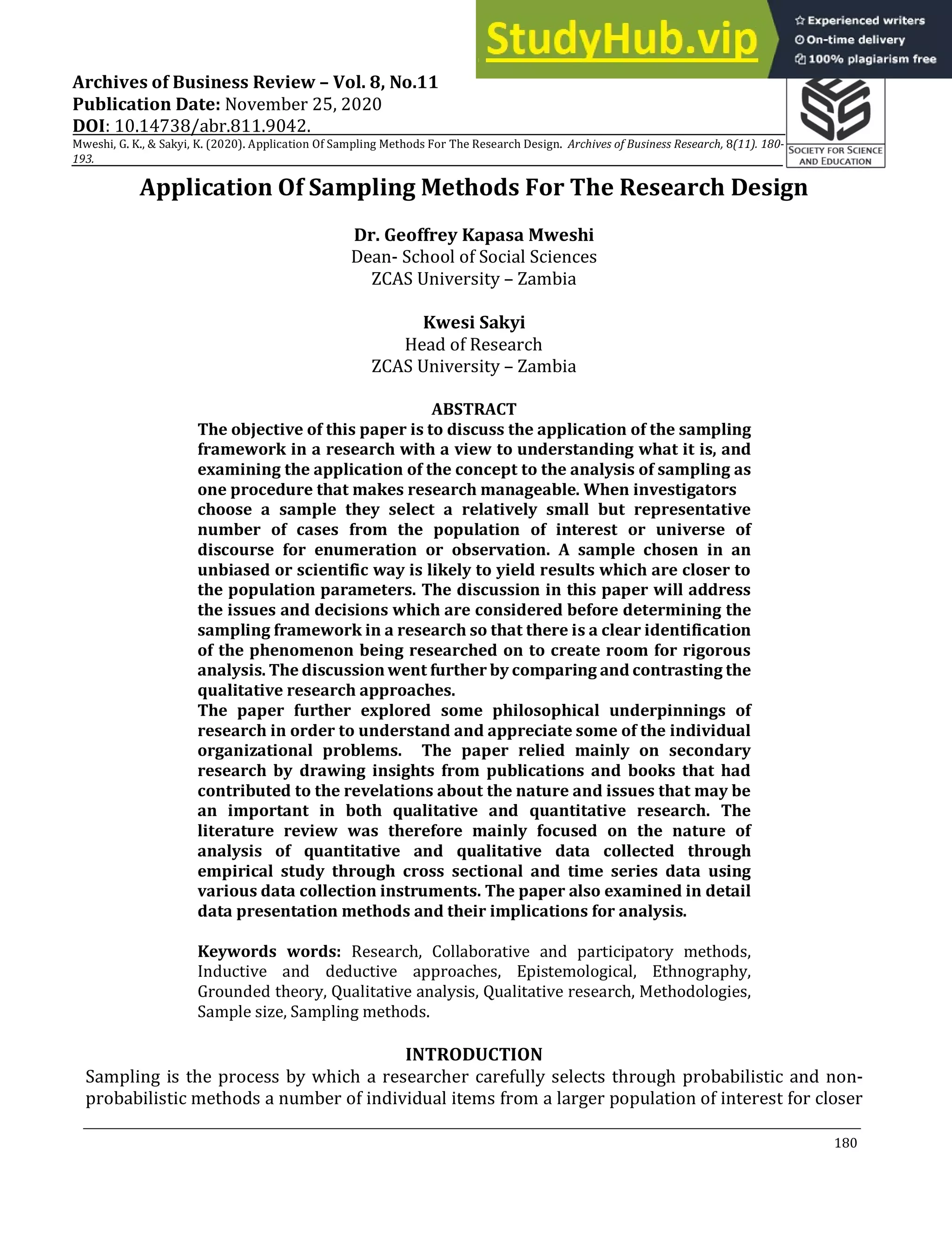 Application Of Sampling Methods For The Research Design | PDF