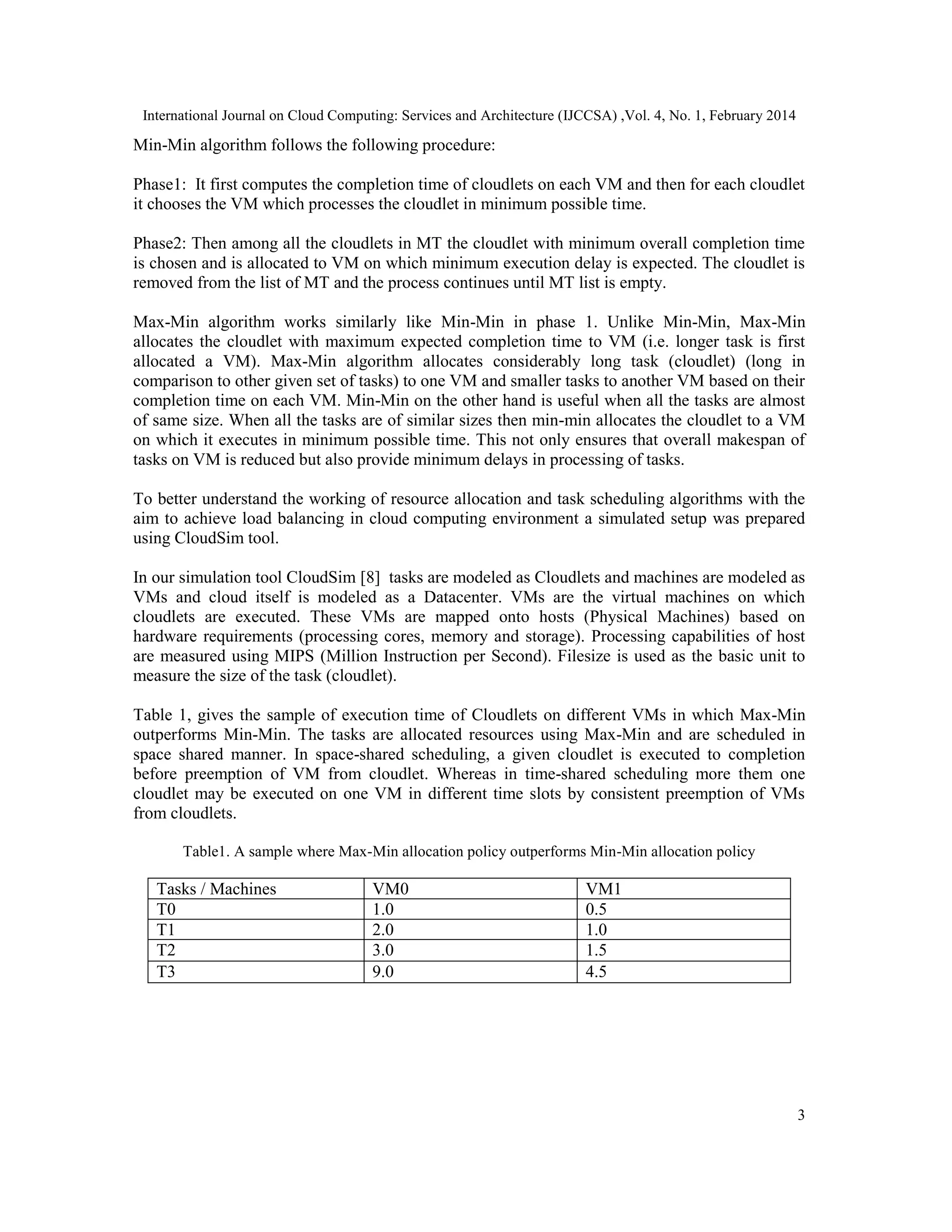 International Journal on Cloud Computing: Services and Architecture (IJCCSA) ,Vol. 4, No. 1, February 2014 3 Min-Min algorithm follows the following procedure: Phase1: It first computes the completion time of cloudlets on each VM and then for each cloudlet it chooses the VM which processes the cloudlet in minimum possible time. Phase2: Then among all the cloudlets in MT the cloudlet with minimum overall completion time is chosen and is allocated to VM on which minimum execution delay is expected. The cloudlet is removed from the list of MT and the process continues until MT list is empty. Max-Min algorithm works similarly like Min-Min in phase 1. Unlike Min-Min, Max-Min allocates the cloudlet with maximum expected completion time to VM (i.e. longer task is first allocated a VM). Max-Min algorithm allocates considerably long task (cloudlet) (long in comparison to other given set of tasks) to one VM and smaller tasks to another VM based on their completion time on each VM. Min-Min on the other hand is useful when all the tasks are almost of same size. When all the tasks are of similar sizes then min-min allocates the cloudlet to a VM on which it executes in minimum possible time. This not only ensures that overall makespan of tasks on VM is reduced but also provide minimum delays in processing of tasks. To better understand the working of resource allocation and task scheduling algorithms with the aim to achieve load balancing in cloud computing environment a simulated setup was prepared using CloudSim tool. In our simulation tool CloudSim [8] tasks are modeled as Cloudlets and machines are modeled as VMs and cloud itself is modeled as a Datacenter. VMs are the virtual machines on which cloudlets are executed. These VMs are mapped onto hosts (Physical Machines) based on hardware requirements (processing cores, memory and storage). Processing capabilities of host are measured using MIPS (Million Instruction per Second). Filesize is used as the basic unit to measure the size of the task (cloudlet). Table 1, gives the sample of execution time of Cloudlets on different VMs in which Max-Min outperforms Min-Min. The tasks are allocated resources using Max-Min and are scheduled in space shared manner. In space-shared scheduling, a given cloudlet is executed to completion before preemption of VM from cloudlet. Whereas in time-shared scheduling more them one cloudlet may be executed on one VM in different time slots by consistent preemption of VMs from cloudlets. Table1. A sample where Max-Min allocation policy outperforms Min-Min allocation policy Tasks / Machines VM0 VM1 T0 1.0 0.5 T1 2.0 1.0 T2 3.0 1.5 T3 9.0 4.5 