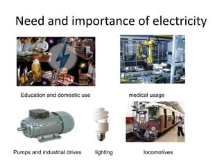 Need and importance of electricity

Education and domestic use

Pumps and industrial drives

medical usage

lighting

locomotives

 