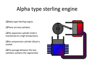 Alpha type sterling engine
Alpha type Sterling engine.
There are two cylinders.
The expansion cylinder (red) is
maintained at a high temperature
the compression cylinder (blue) is
cooled.
The passage between the two
cylinders contains the regenerator

 