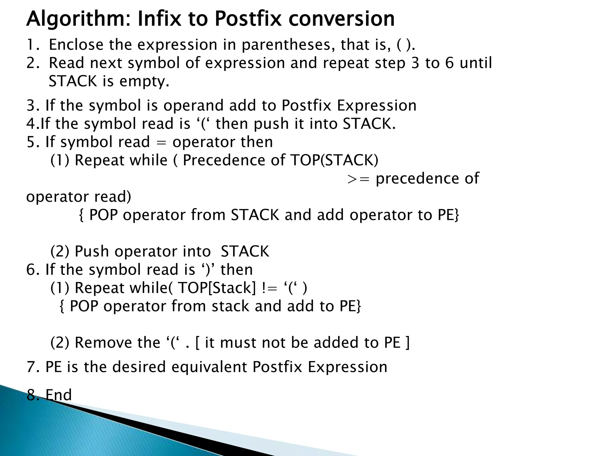 Algorithm: Infix to Postfix conversion
1. Enclose the expression in parentheses, that is, ( ).
2. Read next symbol of expression and repeat step 3 to 6 until
STACK is empty.
3. If the symbol is operand add to Postfix Expression
4.If the symbol read is ‘(‘ then push it into STACK.
5. If symbol read = operator then
(1) Repeat while ( Precedence of TOP(STACK)
>= precedence of
operator read)
{ POP operator from STACK and add operator to PE}
(2) Push operator into STACK
6. If the symbol read is ‘)’ then
(1) Repeat while( TOP[Stack] != ‘(‘ )
{ POP operator from stack and add to PE}
(2) Remove the ‘(‘ . [ it must not be added to PE ]
7. PE is the desired equivalent Postfix Expression
8. End
 