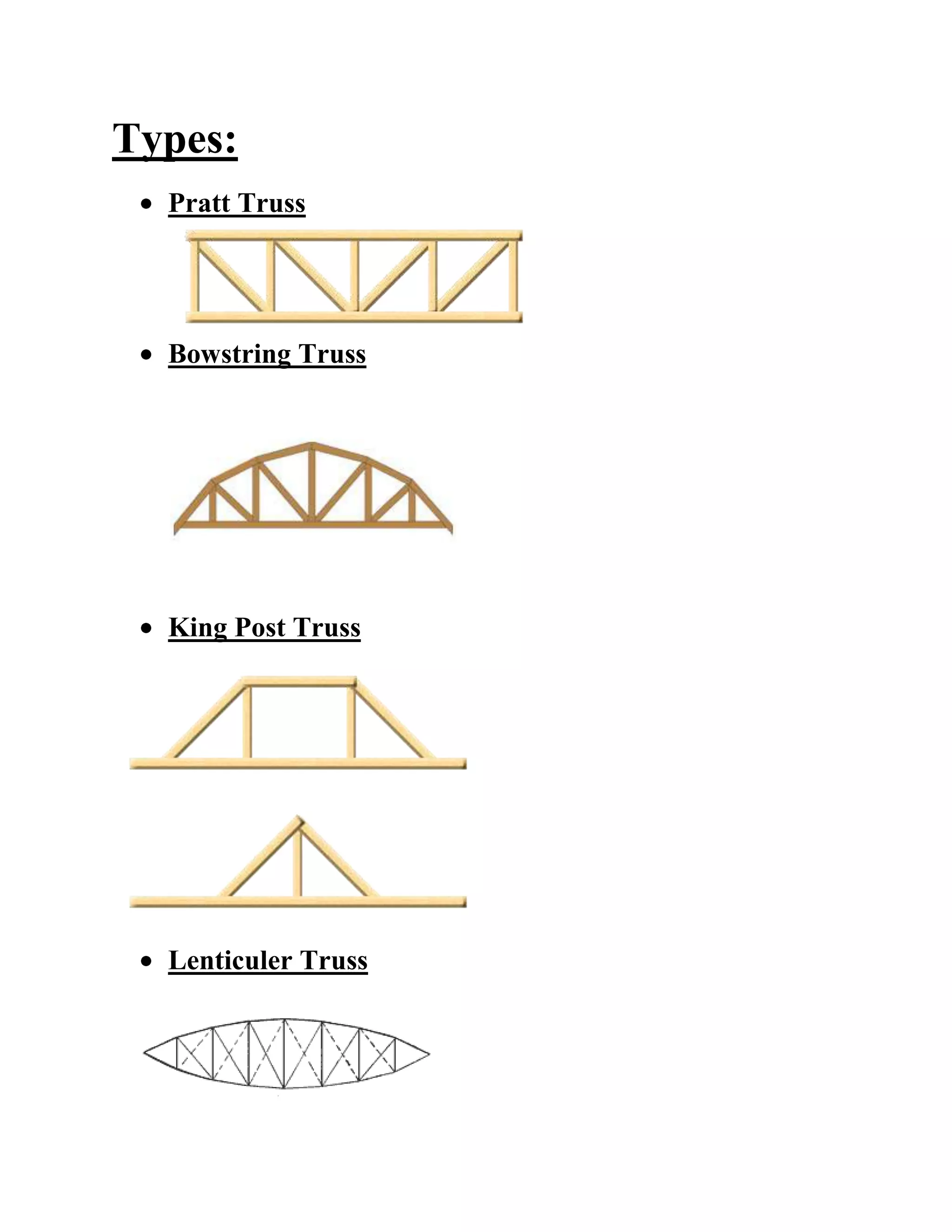 Types:
  Pratt Truss




  Bowstring Truss




  King Post Truss




  Lenticuler Truss
 