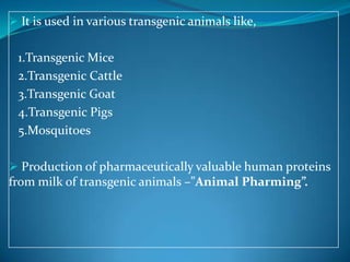  It is used in various transgenic animals like,
1.Transgenic Mice
2.Transgenic Cattle
3.Transgenic Goat
4.Transgenic Pigs...
