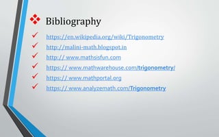  Bibliography
 https://en.wikipedia.org/wiki/Trigonometry
 http://malini-math.blogspot.in
 http:// www.mathsisfun.com
 https:// www.mathwarehouse.com/trigonometry/
 https:// www.mathportal.org
 https:// www.analyzemath.com/Trigonometry
 