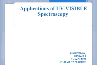 Applications of UV-VISIBLE
Spectroscopy
SUBMITTED BY,
KIRSHA.K.S
1yr MPHARM
PHARMACY PRACTICE
 