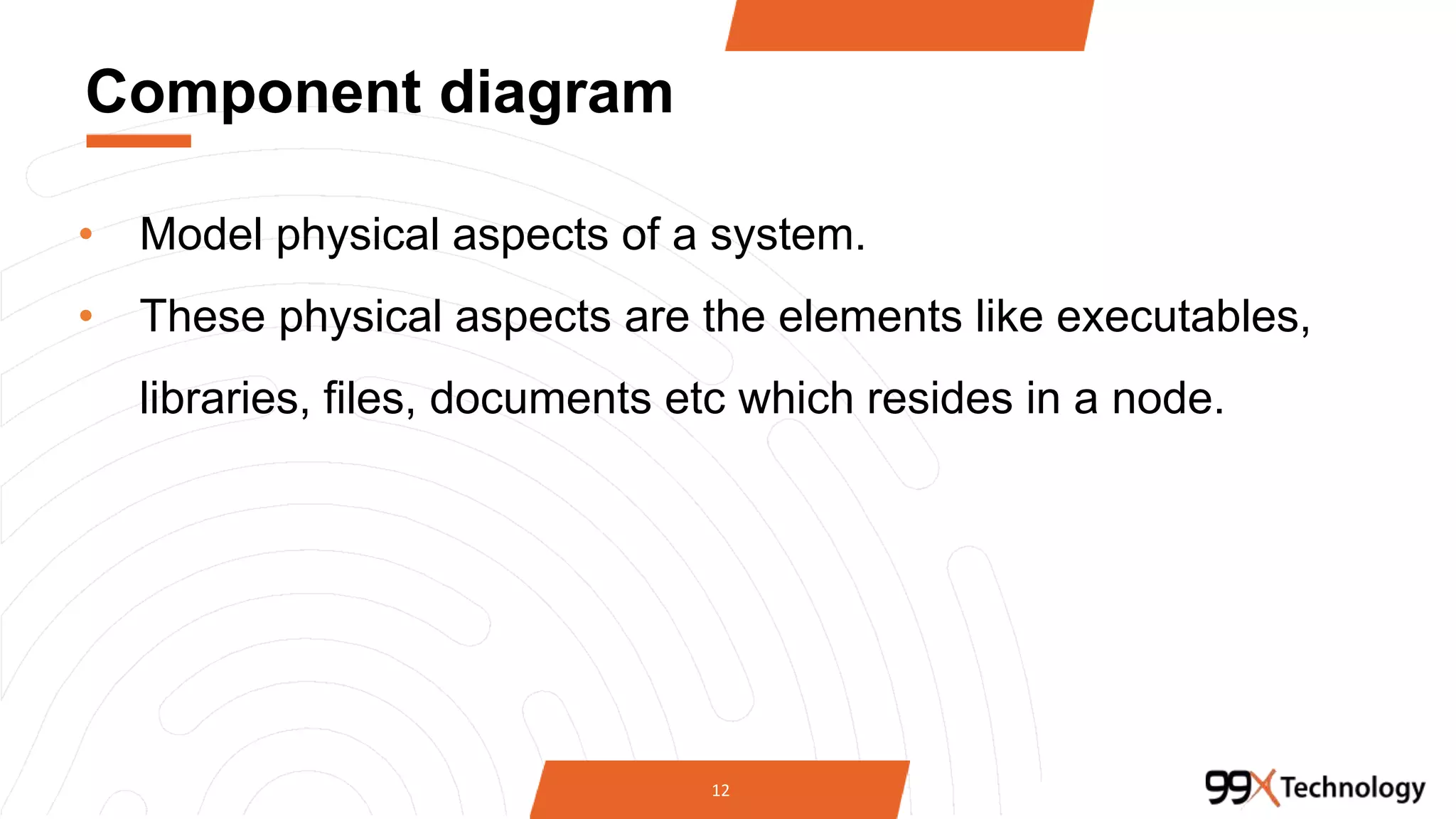 Component diagram
• Model physical aspects of a system.
• These physical aspects are the elements like executables,
libraries, files, documents etc which resides in a node.
12
 