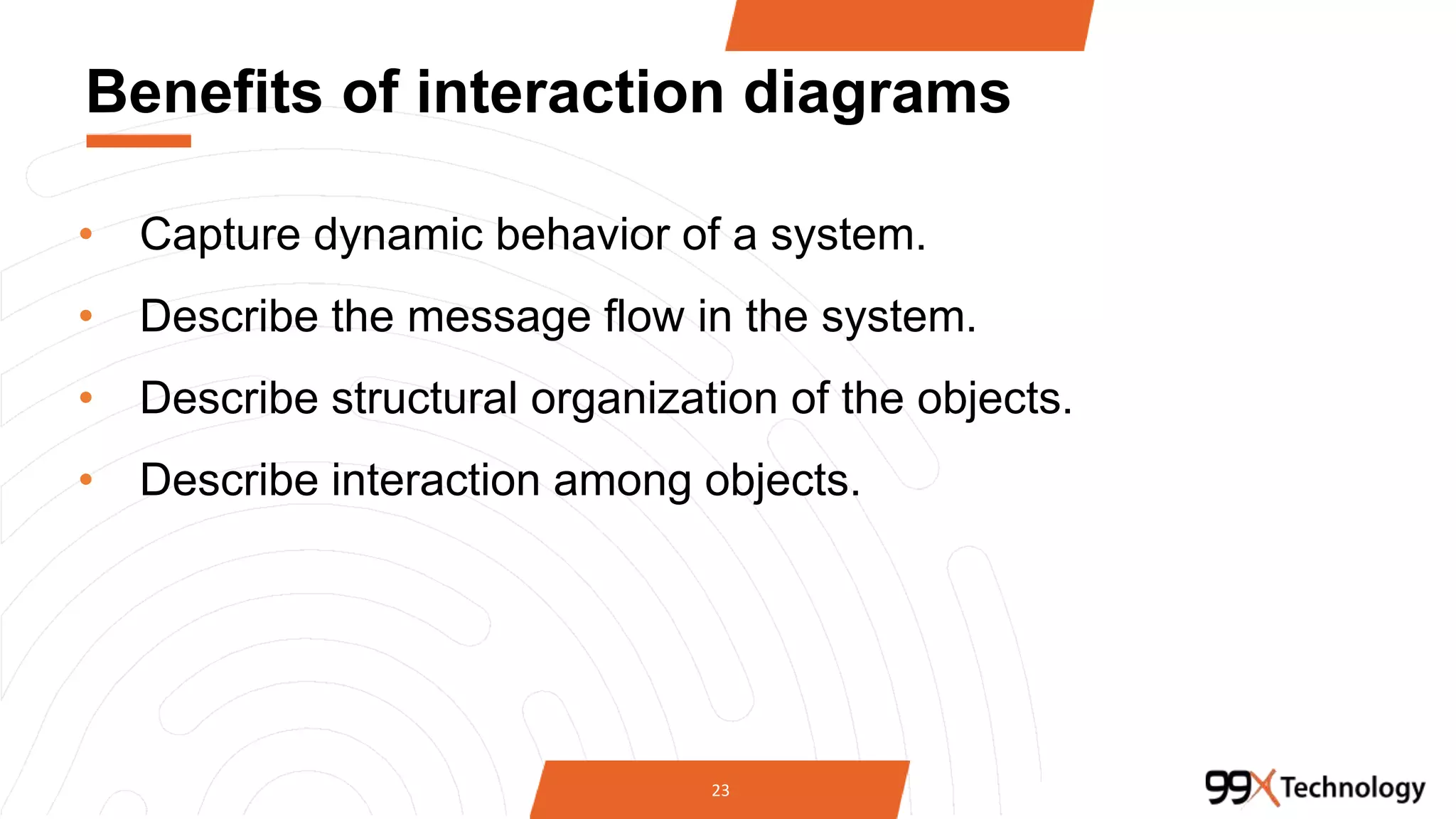 Benefits of interaction diagrams
• Capture dynamic behavior of a system.
• Describe the message flow in the system.
• Describe structural organization of the objects.
• Describe interaction among objects.
23
 