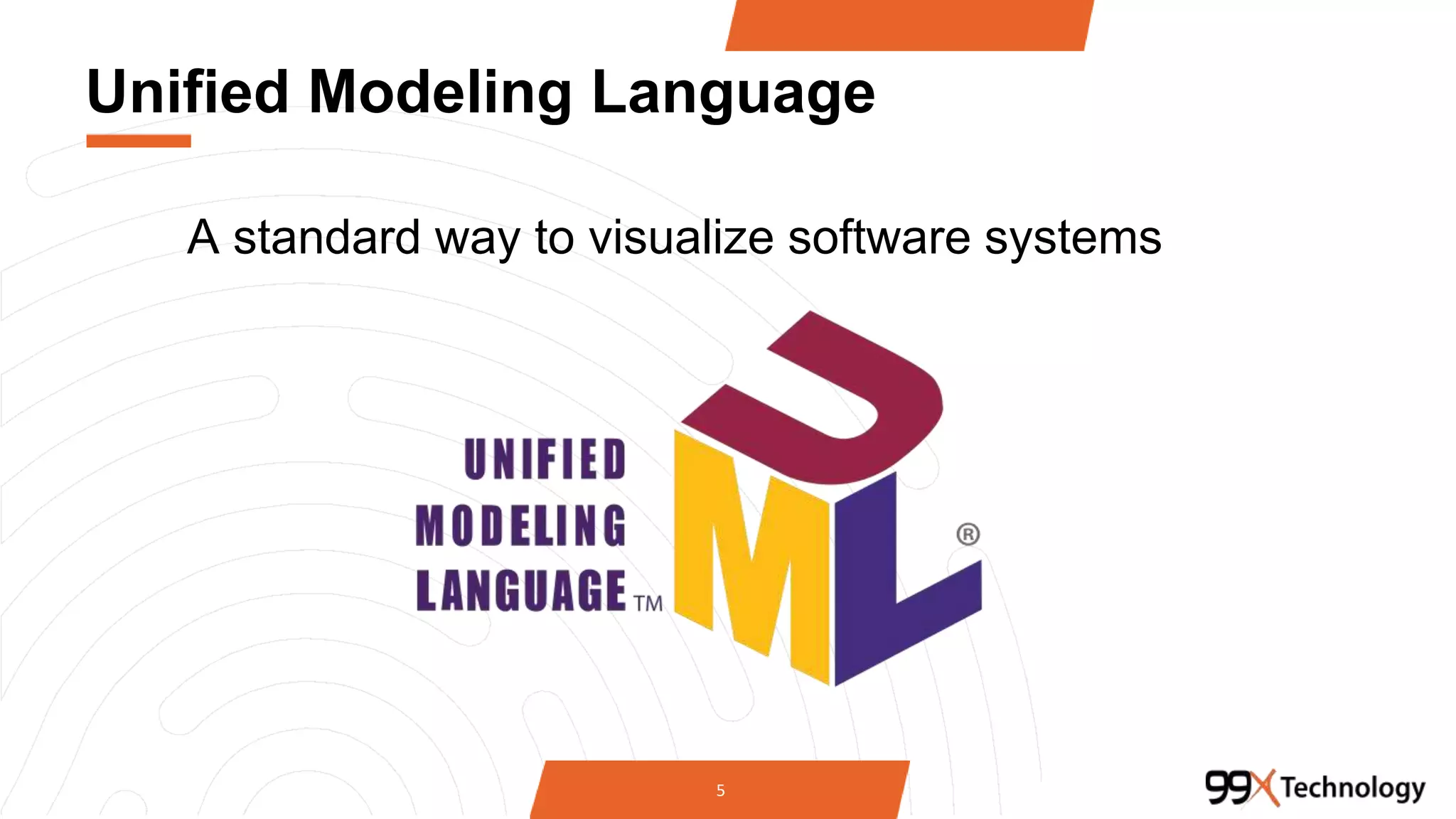 Unified Modeling Language
A standard way to visualize software systems
5
 