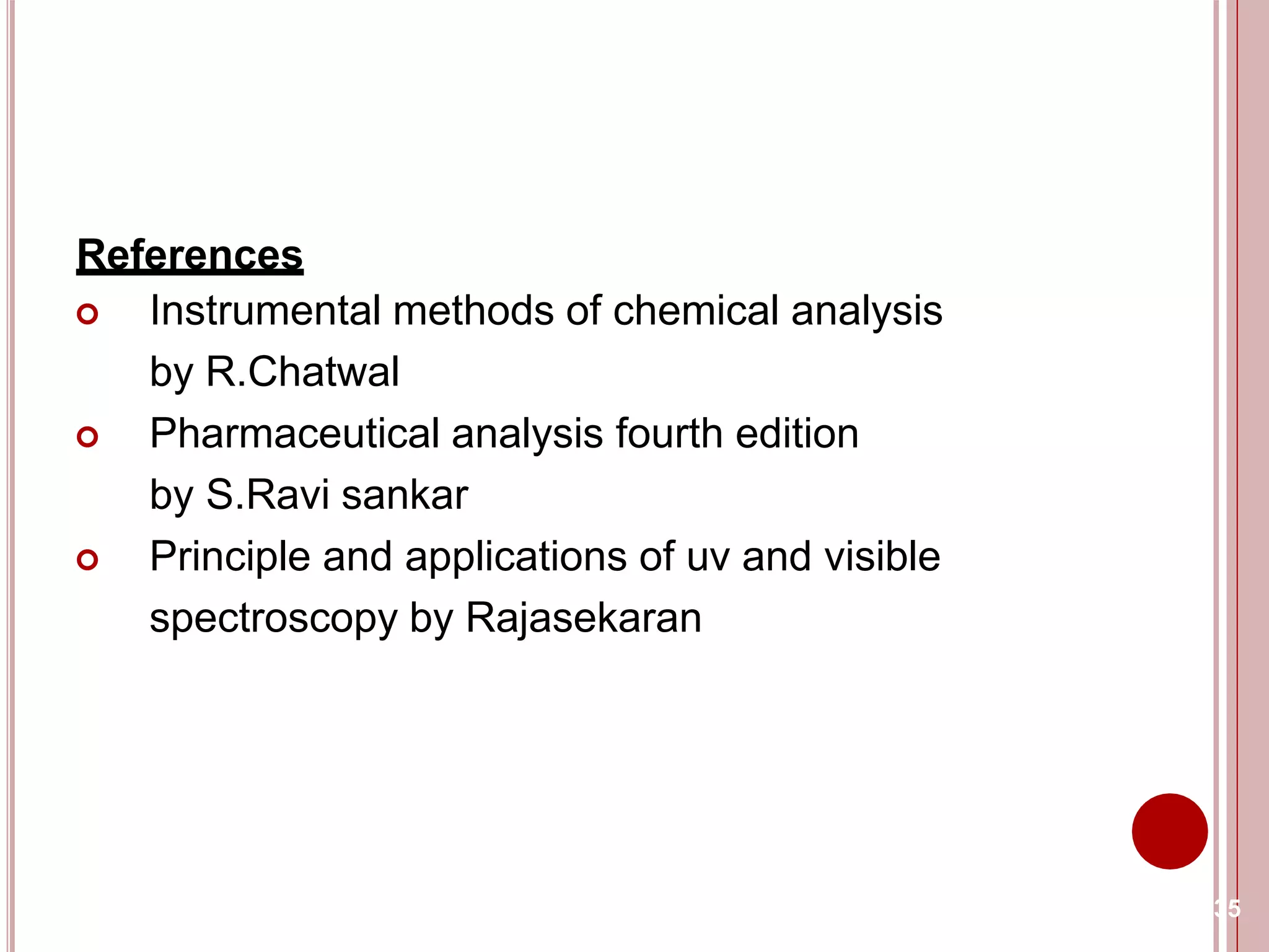 References
 Instrumental methods of chemical analysis
by R.Chatwal
 Pharmaceutical analysis fourth edition
by S.Ravi sankar
 Principle and applications of uv and visible
spectroscopy by Rajasekaran
35
 