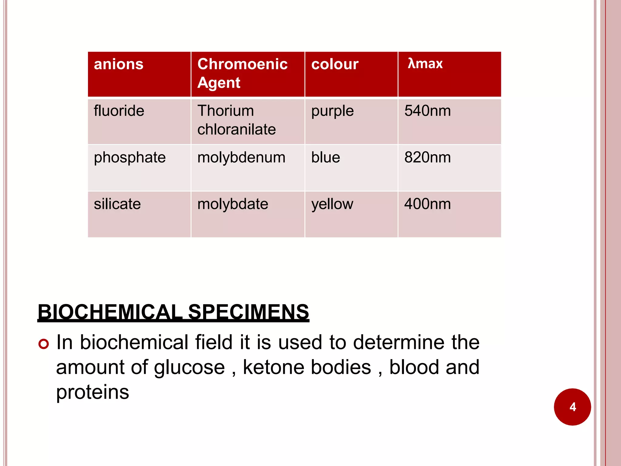 BIOCHEMICAL SPECIMENS
 In biochemical field it is used to determine the
amount of glucose , ketone bodies , blood and
proteins
4
anions Chromoenic
Agent
colour λmax
fluoride Thorium
chloranilate
purple 540nm
phosphate molybdenum blue 820nm
silicate molybdate yellow 400nm
 