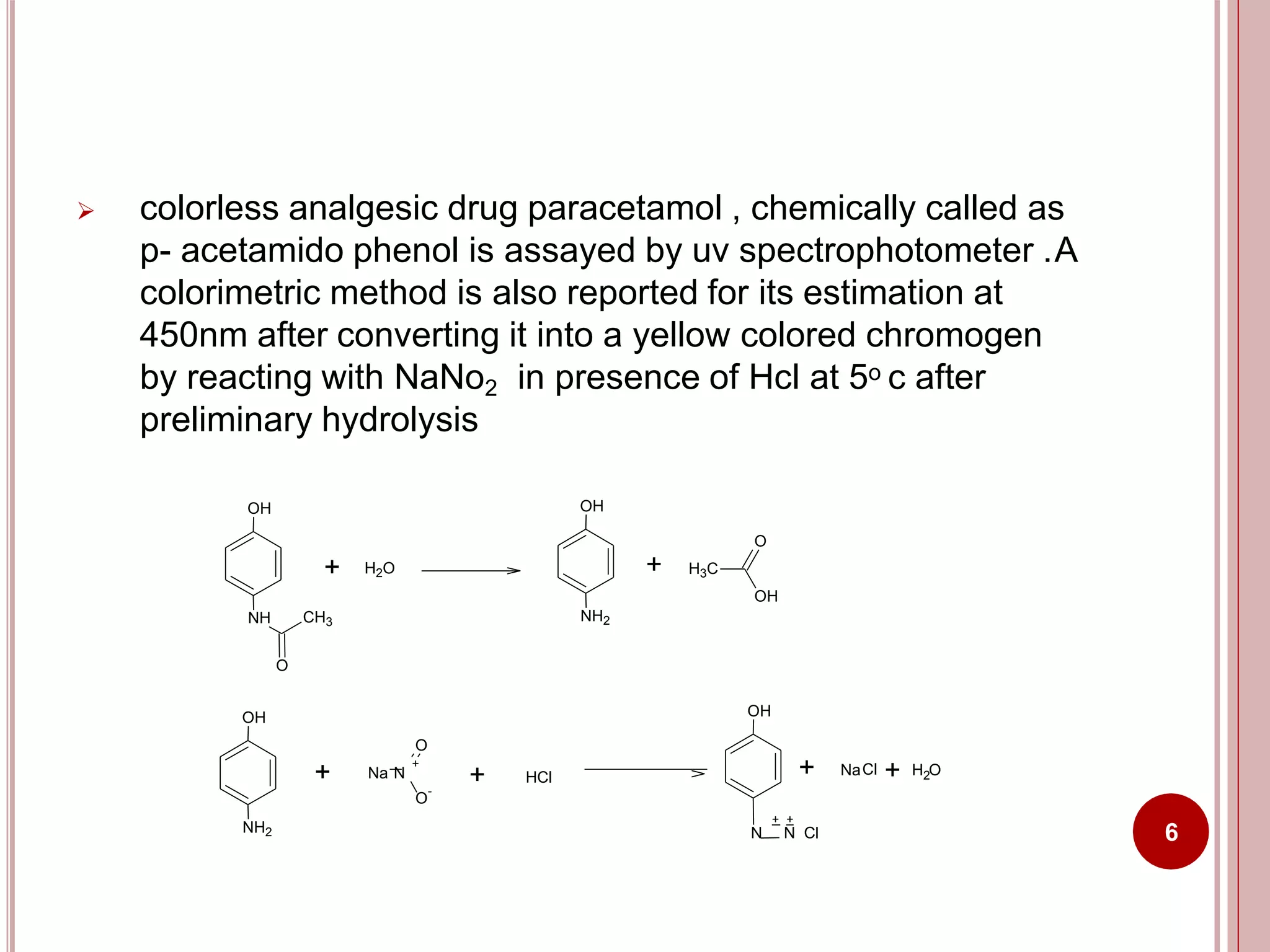  colorless analgesic drug paracetamol , chemically called as
p- acetamido phenol is assayed by uv spectrophotometer .A
colorimetric method is also reported for its estimation at
450nm after converting it into a yellow colored chromogen
by reacting with NaNo2 in presence of Hcl at 5o c after
preliminary hydrolysis
OH
O
H2O+
NH CH3
OH
NH2
+ H3C
O
OH
OH
NH2
+ Na N
+
O
-
O
+ HCl
OH
+ +
N N Cl
+ NaCl H O+ 2
6
 