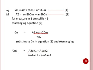 λ1 A1 = am1 bCm + an1bCn (1)
λ2 A2 = am2bCm + an2bCn (2)
for measure in 1 cm cell b = 1
rearranging equation (2)
Cn = A2 – am2Cm
an2
substitnute Cn in equation (1) and rearranging
Cm = A2an1 – A1an2
am2an1 – am1an2
26
 